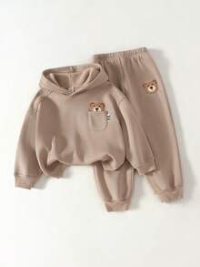 Maija Kids 两件套男童小熊图案针织连帽衫和裤子休闲套装 - 咖啡棕 - 查看 1