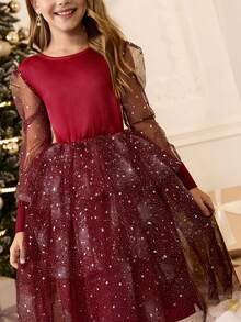 Vestido elegante negro de cuello redondo con malla de lentejuelas para niñas, adecuado para banquetes, fiestas, vacaciones, bodas, niña de las flores, bailes de graduación, Navidad, Halloween, graduación, regreso a la escuela y otras ocasiones - Burdeos - Ver 5