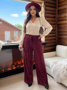 SHEIN LUNE 大码女式红色系带宽松阔腿休闲裤，适合感恩节穿着 - 紅色 - 查看 3