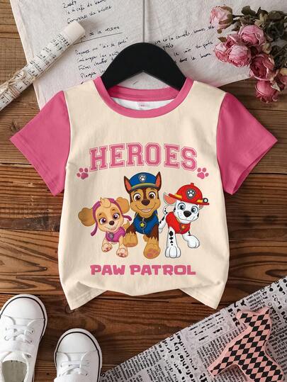 SHEIN | PAW Patrol Camiseta de manga corta con bloqueo de color, diseño de perro de dibujos animados y estampado de letra de pata para niña, casual para uso diario