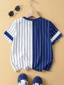 SHEIN Felix The Cat Young Boy Summer Casual Colorblock Striped Cat Print Round Neck Short Sleeve T-Shirt - Blue and White - View 2