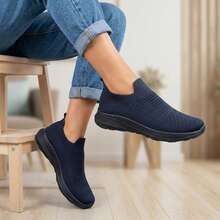 Mujer Zapatillas Deportivas Slip On De Tejido De Punto Transpirable Tipo Calcetín Suela Gruesa Azul Marino - Azul Marino - Ver 4