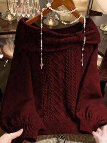 GlowEve CURVE 女士优雅宽松露肩大码毛衣，适合外出和婚礼宾客穿着，秋冬季 - 酒紅色 - 查看 1