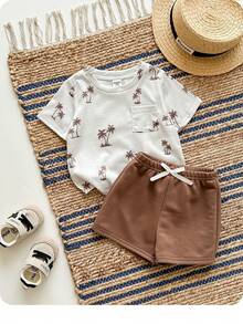 男婴休闲可爱卡通图案针织T恤和松紧腰短裤套装 - 棕色 - 查看 8