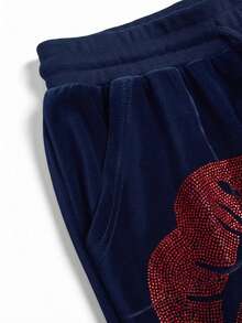 Betty Boop | ROMWE Bộ áo hoodie và quần nhung họa tiết Betty đính đá lấp lánh phong cách Y2K. - Màu xanh hải quân - Xem 8