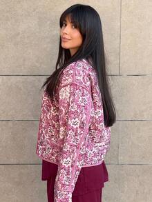 Hitanina 时尚潮流随机花卉印花休闲百搭宽松长袖羽绒夹克加厚棉服冬季西部复古装节日派对服装 - 粉色 - 查看 6