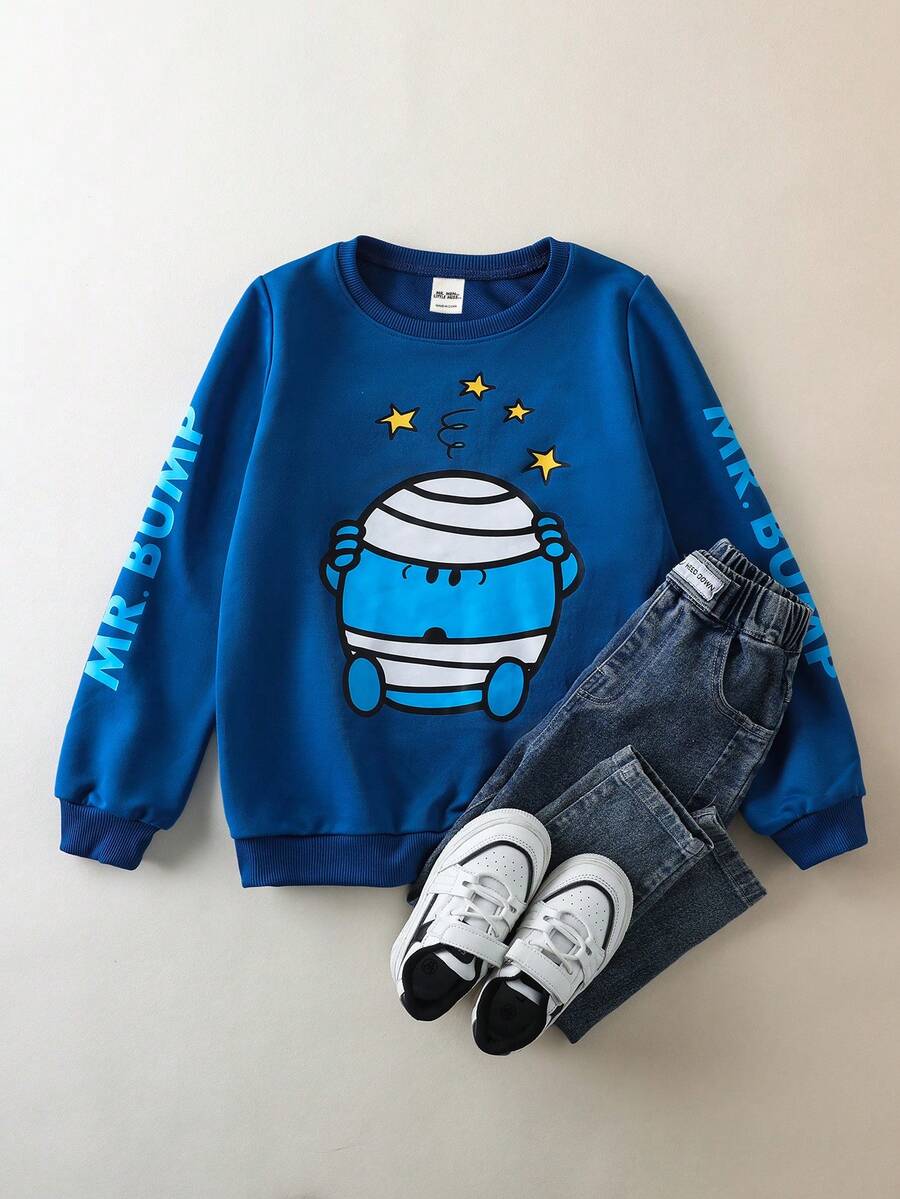 Mr Men Little Miss X SHEIN Tween Boy Casual Cartoon & Letter Graphic Crew Neck Sweatshirt, Autumn - Blue - View 1