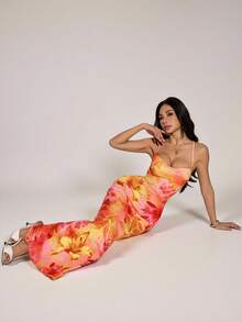 SHEIN PETITE Váy họa tiết hoa hở lưng khoét sâu dành cho nữ đi nghỉ - trái cam - Xem 7