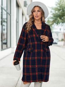 SHEIN LUNE 大码休闲格纹翻领单排扣羊毛混纺外套，日常穿着，圣诞节必备单品，日常休闲，秋季流行格纹大衣，凸显曲线，乡村休闲粉色圣诞冬季女装，冬季外套，女士假日保暖套装