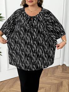 SHEIN CURVE+ 大码女式情人节系领印花荷叶袖衬衫，春冬季 - 彩色 - 查看 4