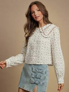 WESTFADE Floral Bow Stripe Double Layer Ruffle Peter Pan Collar Button Front Long Sleeve Blouse Top - Pink - View 3