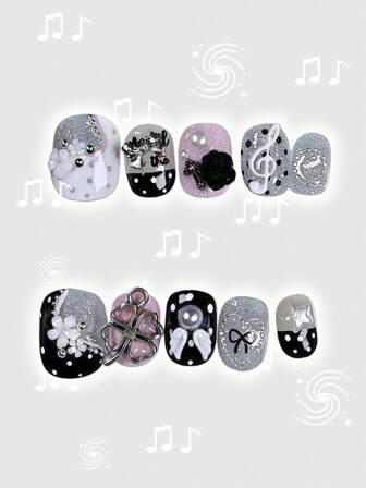 Kawaii Puntas de uñas postizas hechas a mano con alas de metal en forma de corazón romántico con encaje, nota musical y serie rosa, estilo de bailarina, adecuadas para salidas diarias y citas. Producción masiva, diseño enérgico para niñas.