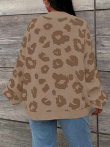 SHEIN Cottnline Plus Size Women's Leopard Print Stand Collar Sweater Pullover - Brown - View 6