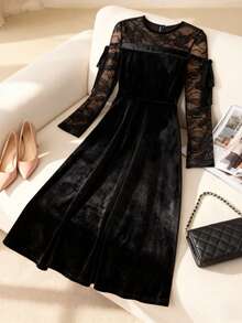 Modelyn Spitze Patchwork Samt elegantes Langarm Kleid, hochwertige formelle Robe für Frauen, Herbst/Winter
