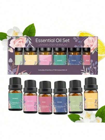 1 Set/6 piezas Aceites Esenciales, 6*10ml Adecuado para humidificadores, difusores de aromas, velas DIY - Contiene Lirio, Jazmín, Limón, Océano, Rosa, Flor de Cerezo - Mejor regalo para fiestas