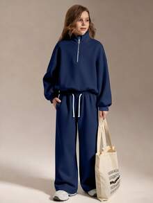 SHEIN 少女四分之一拉链宽松卫衣和宽松运动裤套装，返校季、秋冬季、舒适秋季、圣诞节、可爱休闲日常胶囊衣橱、Y2K街头风，灰色 - 藏蓝色 - 查看 5