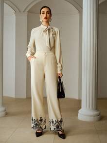 ZEYLAH Women's Autumn Hollow Out Embroidery Wide Leg Pants, Versatile - White - View 1