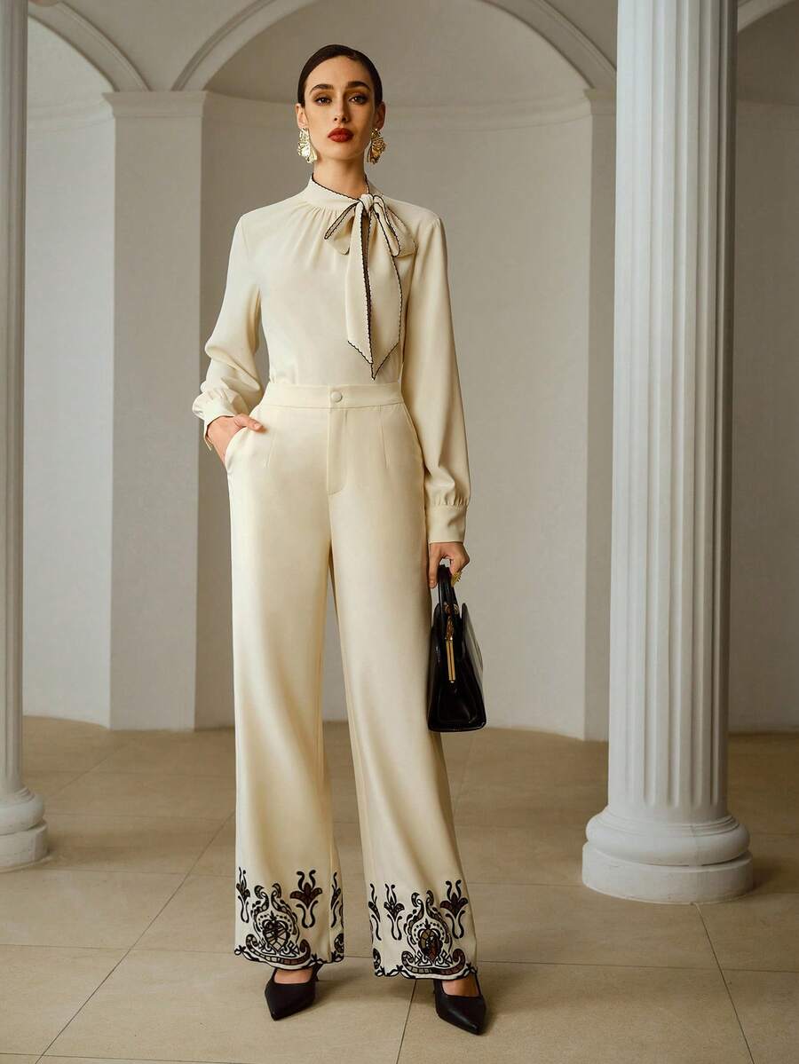 ZEYLAH Women's Autumn Hollow Out Embroidery Wide Leg Pants, Versatile - White - View 1