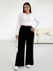 SHEIN Essnce Pantalon droit noir à taille élastique, confortable et polyvalent pour le quotidien, coupe minceur, pour femmes grandes tailles, vêtements de printemps - Noir - Voir 6
