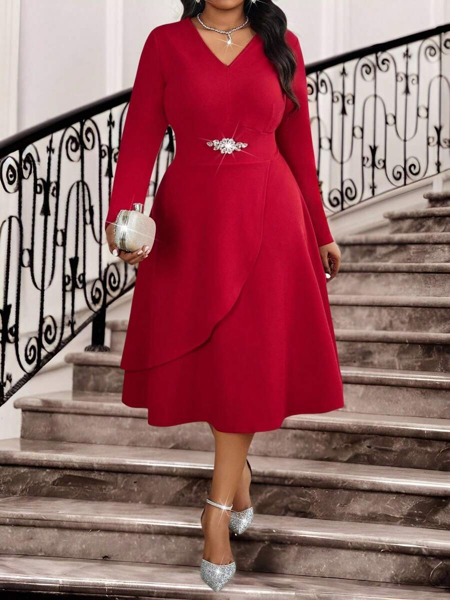 Fleurora 秋冬季优雅派对圣诞节情人节鸡尾酒会办公室音乐会/音乐节红色针织V领喇叭套头中长长袖加大码连衣裙圣诞连衣裙圣诞服装女士圣诞套装圣诞派对连衣裙圣诞女装新年连衣裙派对连衣裙优雅派对连衣裙婚礼派对连衣裙女士优雅连衣裙红色连衣裙女士 - 紅色 - 查看 1