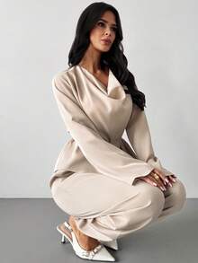 Firerie Elegant minimalistisk blus med draperad halsringning och långärmad passform för kvinnor, lämplig för dejt, alla hjärtans dag, pendling, arbetskläder, kvinnliga lärare - Aprikos - Visa 4