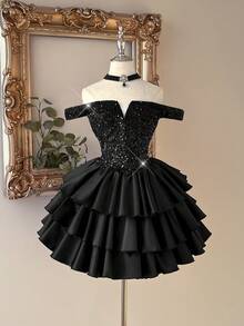 Lovelzi Elegant Pink Sequin Fabric Satin Patchwork 3D Floral Decor Bodycon Short Skirt, Party Dress,Wedding Guest Cocktail Single Ball Gown Banquet - Black - View 2