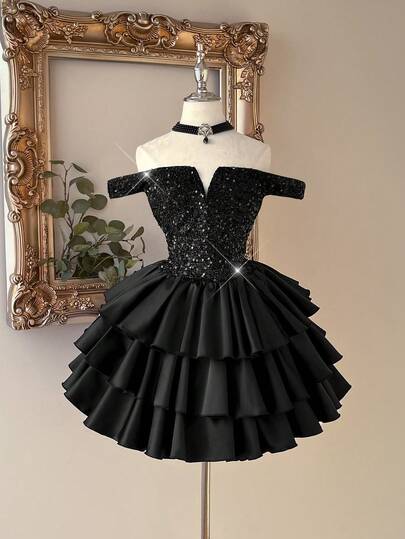 Lovelzi Elegant, Romantic, Fashionable Pink Sequin Fabric Satin Patchwork 3D Floral Decor Short Bodycon Skirt, Elegant Party Dress, Wedding Guest Dress, Pink Cocktail Dress, Single Party Dress, Ball Gown, Banquet Dress