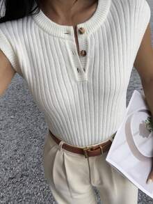 DAZY Áo len dệt kim không tay màu trơn dành cho nữ, phong cách Thu/Đông Y2K - trắng - Xem 1