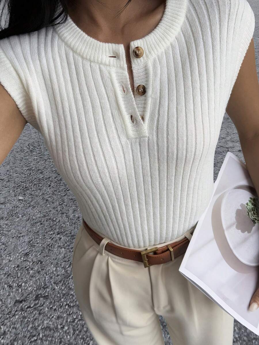 DAZY Áo len dệt kim không tay màu trơn dành cho nữ, phong cách Thu/Đông Y2K - trắng - Xem 1