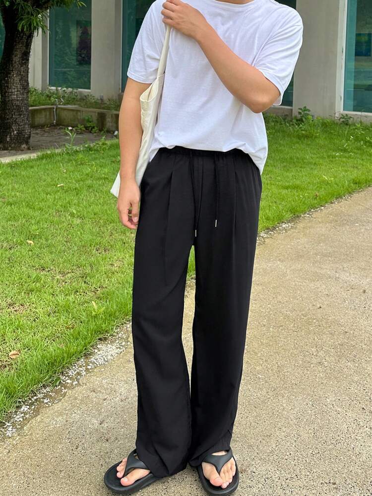 Men's Black Elastic Waist Straight Leg Suit Pants, Suitable For Commuting, Spring & Autumn