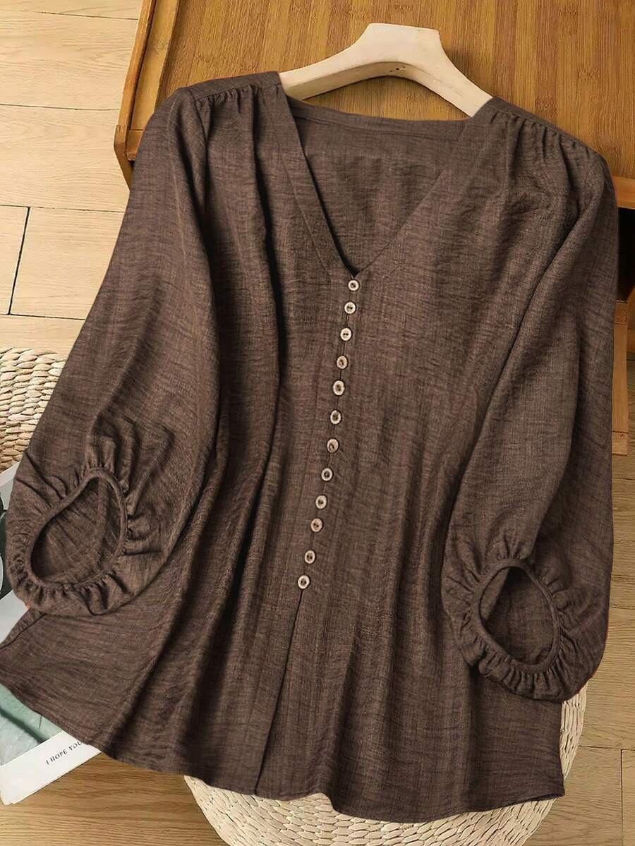 Linhara Camisa de Botão com Falso Decote Marrom Suave de Manga 3/4 para Mulheres Plus Size - Castanho - Visão 1
