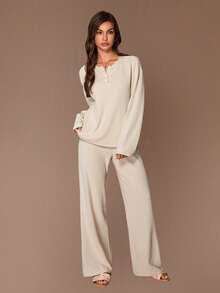 Lazeform Women's Casual Fuzzy Knit Crew Neck Button-Up Long Sleeve Pants Loungewear Set Cozy Sets Women 2 Piece Lounge Sets Woman Lounge Wear Women Set Long Sleeve Lounge Set - Apricot - View 4