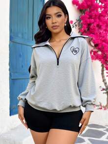 SHEIN LUNE Plus Size Dark Grey Sweatshirt,Autumn Casual Vacation Letter Graphic Front Zip-Up Stand Collar Loose Comfortable Versatile Outdoor Sports Top - Grey - View 2