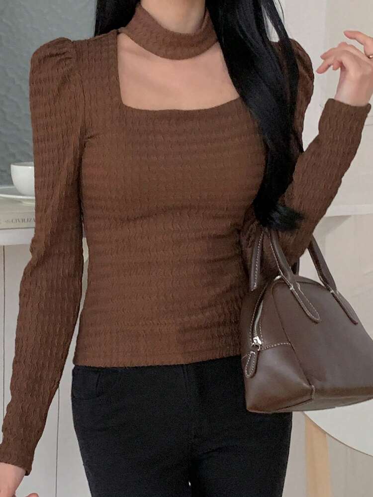 Women's Casual Versatile Solid Color Textured Hollow Out T-Shirt