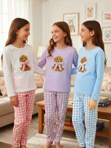 SHEIN Playful Pals 2pcs Girls Cartoon Puppy & Bow Print Knit Long Sleeve Top And Pants Pajama Set Fall Winter - Mauve Purple - View 8