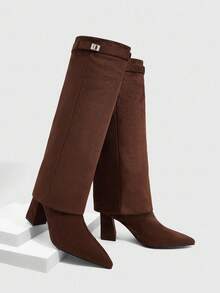 CUCCOO SZL Sepatu Bot Hak Tinggi Setinggi Lutut Ujung Lancip Serbaguna untuk Wanita, Cocok untuk Natal - Coffee Brown - View 2