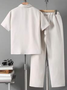 Vacaura 2pcs/Set Teenage Boys' Summer Casual Short Sleeve Polo Shirt And Straight Leg Pants Outfit - Beige - View 2