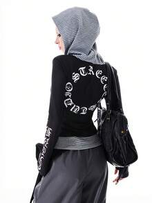 Bloopia 女士哥特风印花修身长袖连帽针织上衣，时尚百搭，适合秋季穿着 - 黑色 - 查看 2