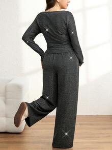 SHEIN LUNE 2 piezas Conjunto de top de manga larga y pantalones de tela cómoda y texturizada para mujer de talla grande - Negro - Ver 3