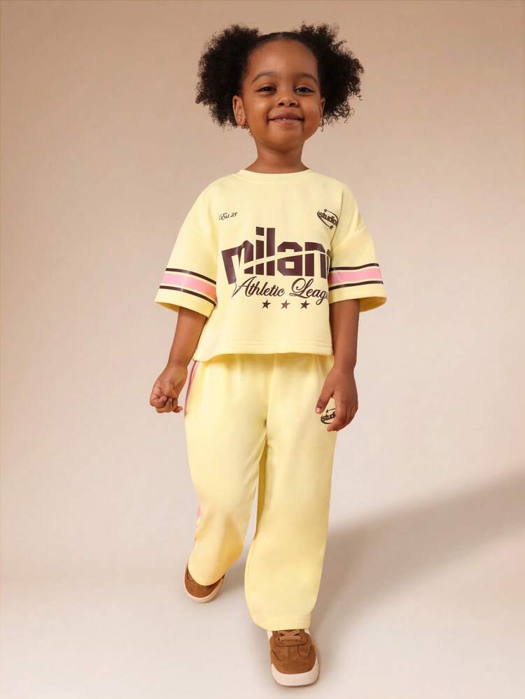 Milano Athletic League Crop T-Shirt And Wide Leg Joggers Set