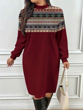 EMERY ROSE Vestido casual plus size com estampa geométrica em estilo boêmio, ideal para festas de Ano Novo.