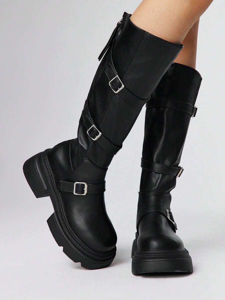 ROMWE Grunge Punk 女士搭扣设计休闲日常中筒靴 - 黑色 - 查看 1