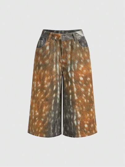 Hippie Jeans a vita bassa oversize, stile vintage con stampa di cervi, a gamba ampia e corta