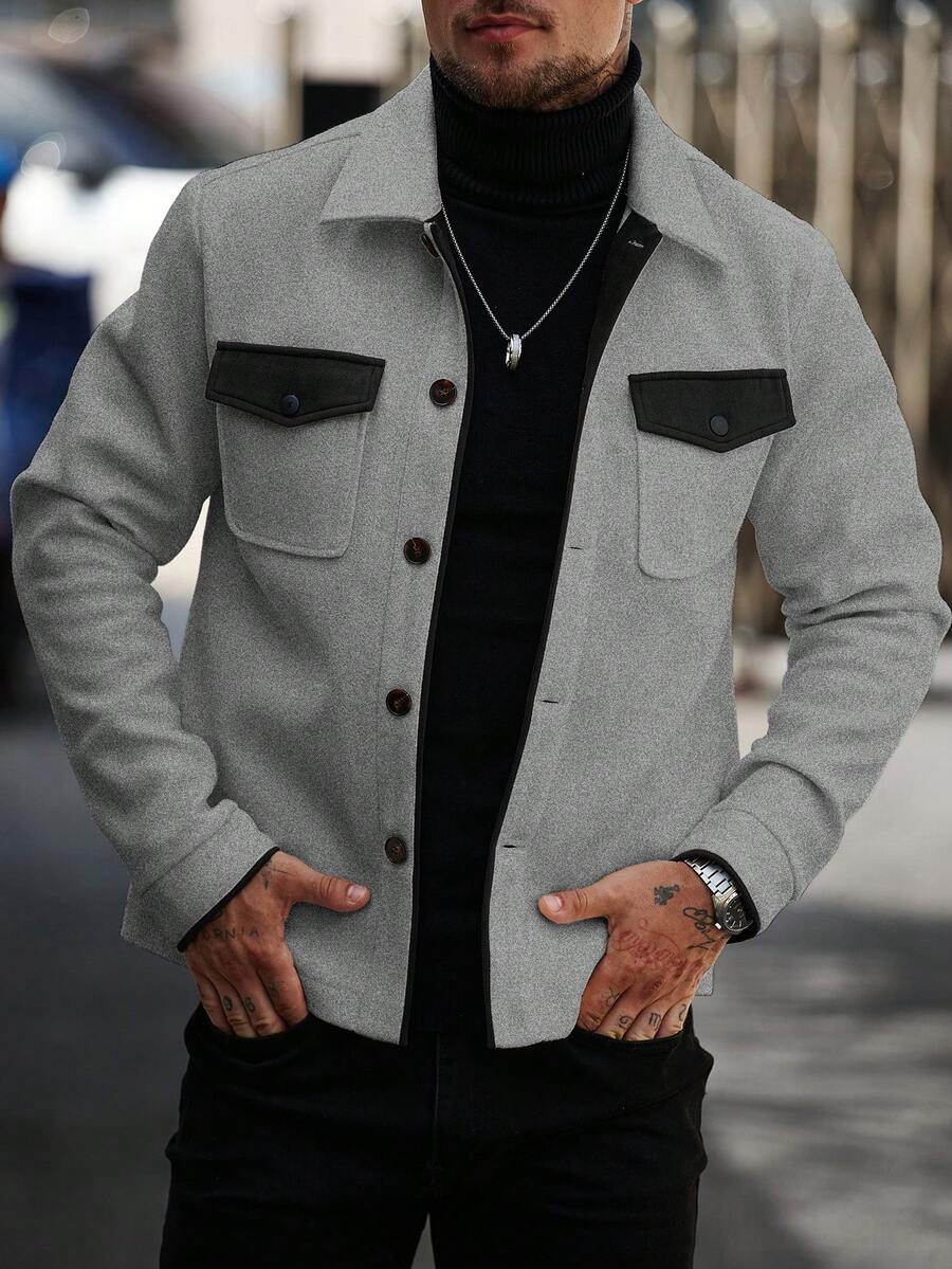 Manfinity Homme 男士撞色长袖单排扣休闲口袋大衣，秋冬款 - 灰色 - 查看 1