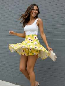 LUCIAN BUTIK Minifalda Short De Mujer Con Estampado De Flores Cintura Ancha - Amarillo - Ver 5
