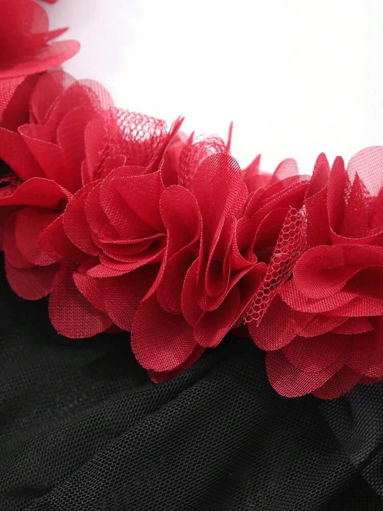 Summer Rose 3D Floral Decor Sheer Mesh Bodysuit With Waist Cinching For Women, Sexy Lingerie For Women