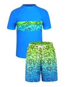 青少年男童泳装套装：短袖防晒衣上衣搭配沙滩短裤，夏季休闲运动泳衣 - 彩色 - 查看 4