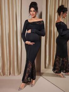 Momance 孕妇露肩蕾丝拼接时尚派对假日长袖美人鱼连衣裙 - 黑色 - 查看 5