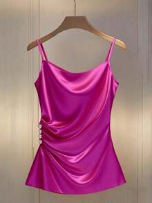 Franclia Sexy Fitted Plunging Neck Camisole With Side Ruched Decor Buttons, Fashionable For Women - Hot Pink - View 3