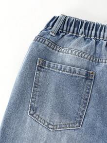 SHEIN Quần jeans denim rách ống đứng đơn giản, rộng rãi, giặt sạch dành cho bé gái tuổi teen + Quần denim rách cạp chun cơ bản + Quần denim rách màu xanh nhạt, phù hợp với mọi mùa, chất liệu vải thoải mái - Rửa trung bình - Xem 8